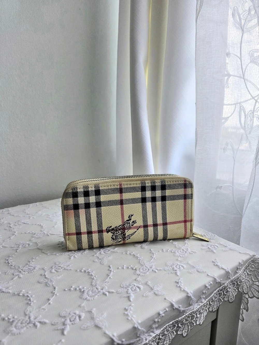 Plaid Zip Around Wallet in Beige & Black